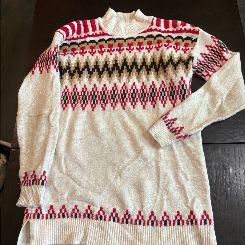 LOFT Red and Cream Cowl Neck Sweater with Geometric Pattern